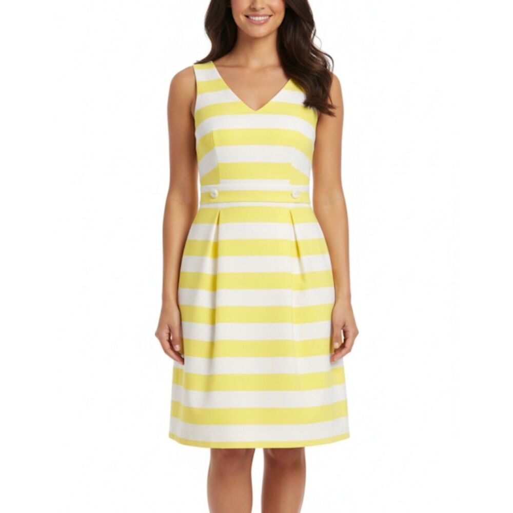 Tahari Yellow White Stripe Cotton Piqué V-Neck Sleeveless Knee Length Dress 10